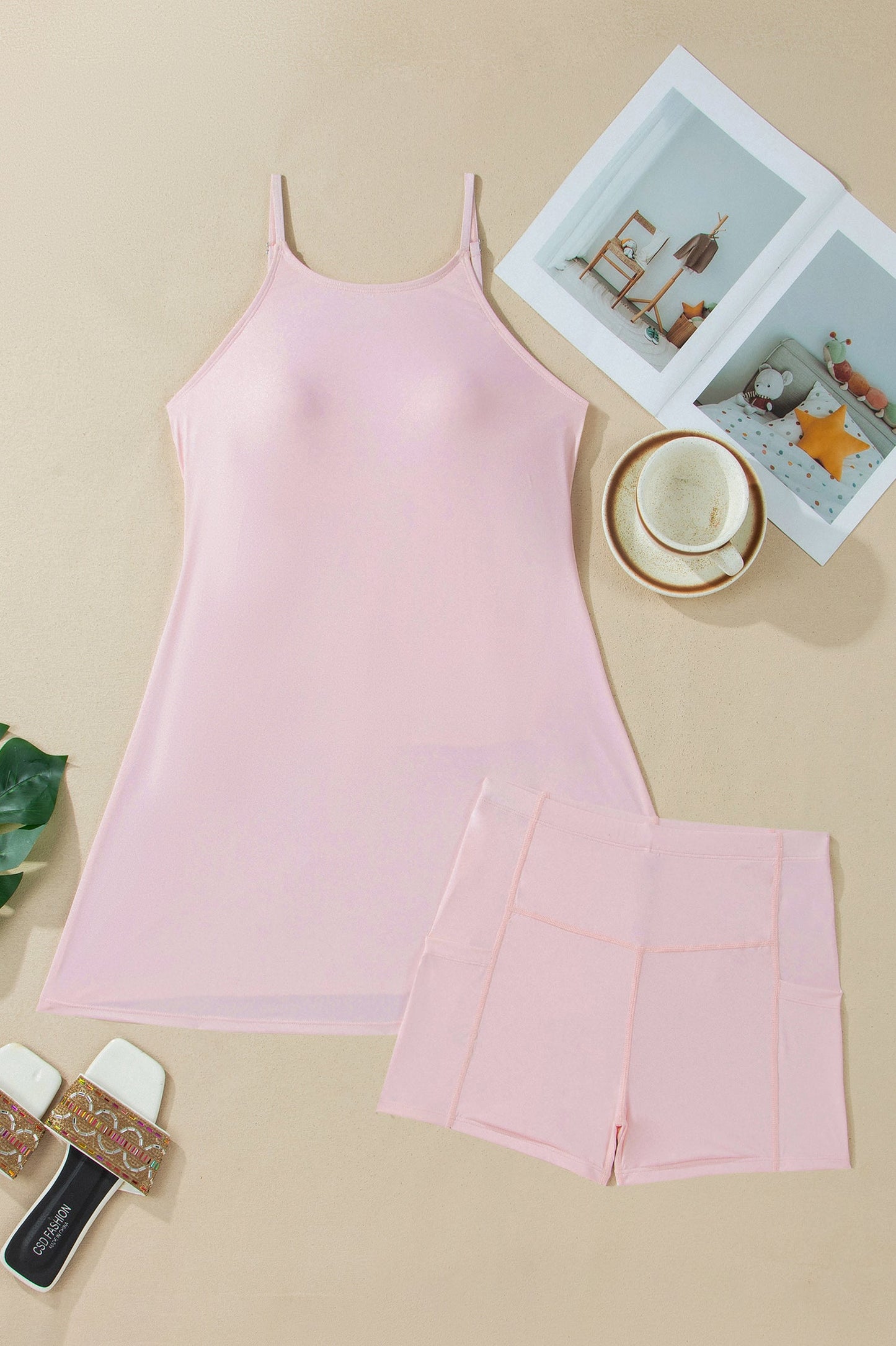 Pink Tunic tank dress and shorts athletic set with adjustable straps, pockets, and comfortable boutique activewear style