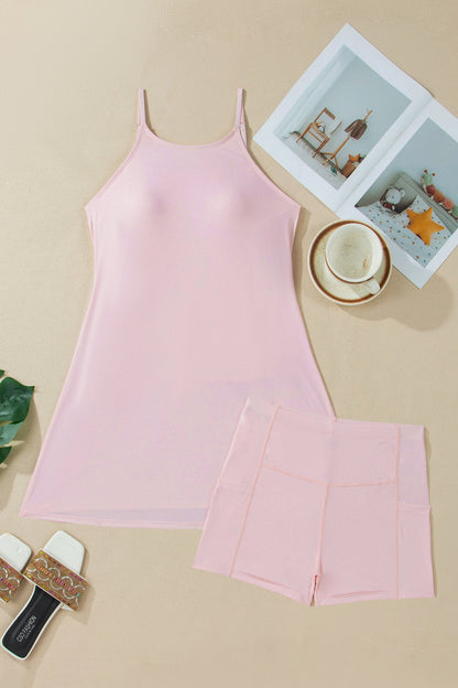 Pink Tunic tank dress and shorts athletic set with adjustable straps, pockets, and comfortable boutique activewear style