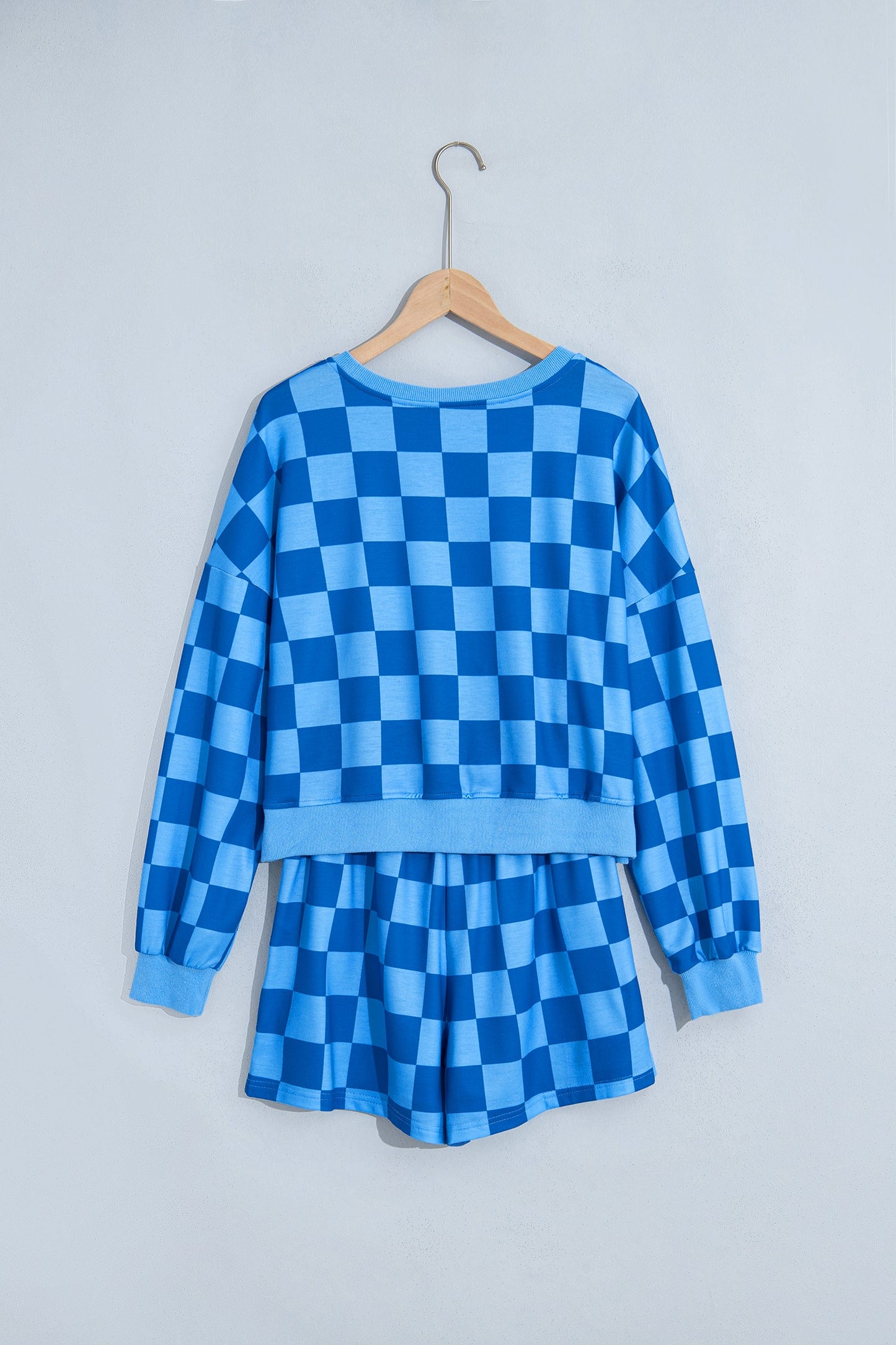 Dark Blue Checker Long Sleeve Crop Top & Shorts Set with checker print women's boutique fashion