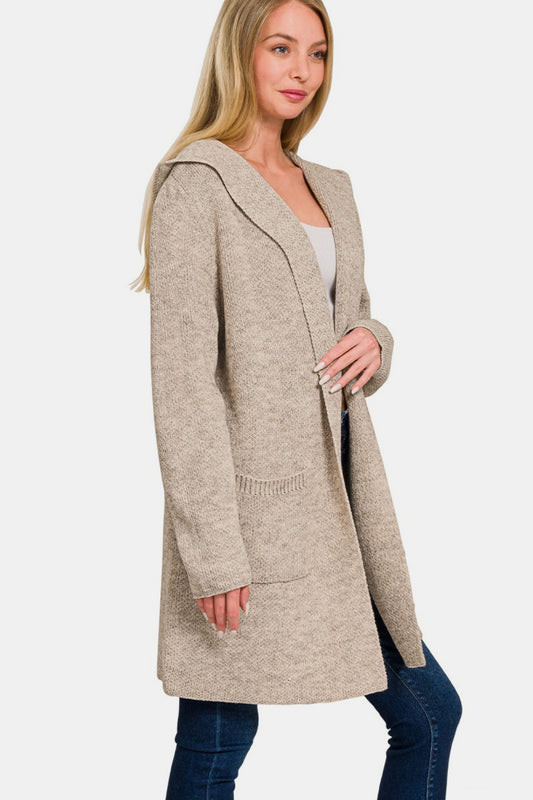 Zenana H Mocha Hooded Open Front Sweater Cardigan