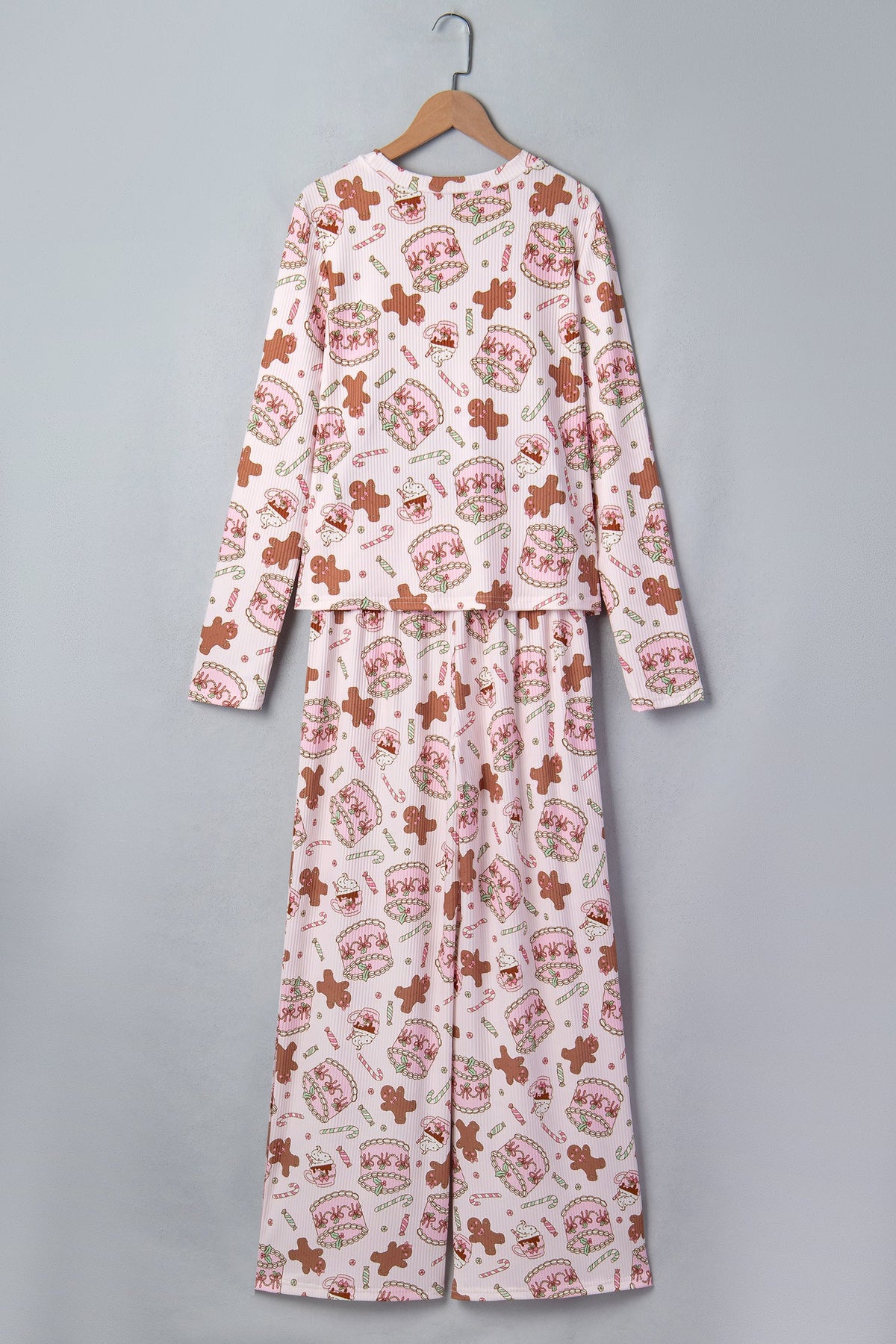 pink Christmas ribbed knit pajama set with gingerbread print and pants boutique loungewear