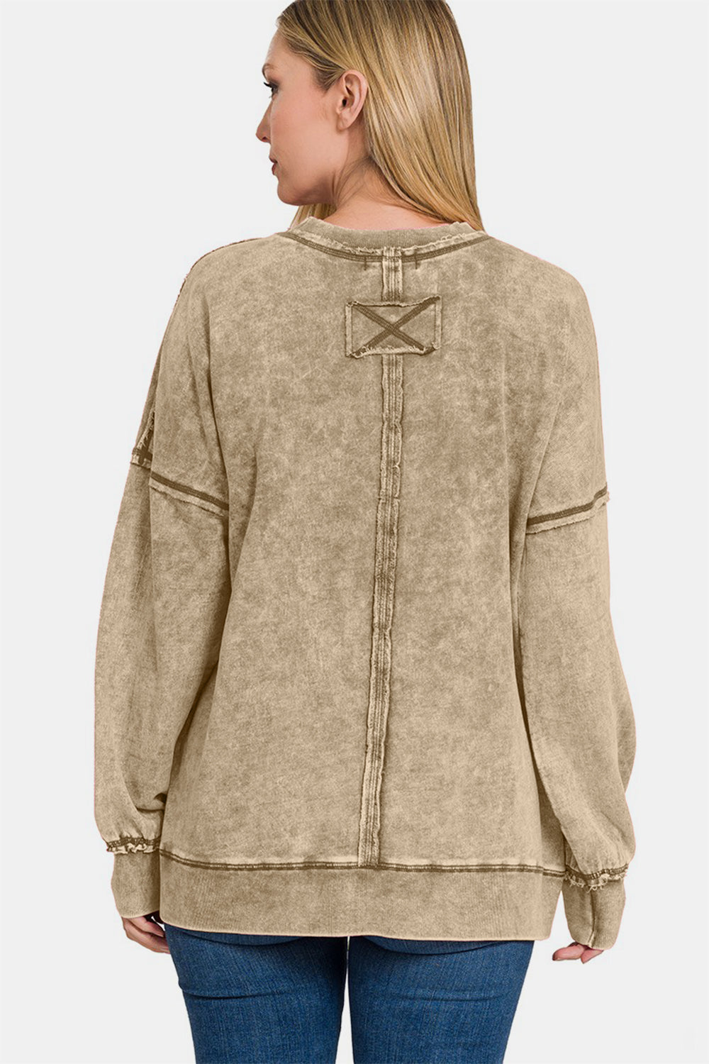 Zenana Mocha Exposed Seam Round Neck Dropped Shoulder Sweatshirt