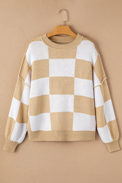 Khaki checkered exposed seam drop shoulder sweater with checkered knit, exposed seam details and relaxed drop shoulders, women’s boutique fashion