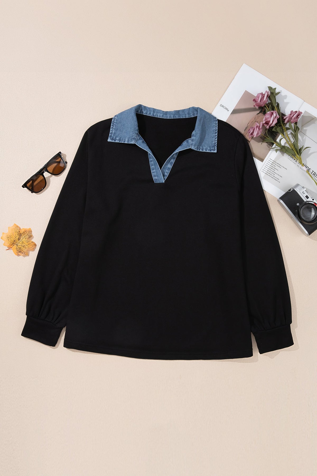plus size black V-neck knit blouse with contrast denim collar boutique top