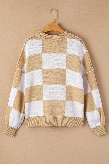 Khaki checkered exposed seam drop shoulder sweater with checkered knit, exposed seam details and relaxed drop shoulders, women’s boutique fashion