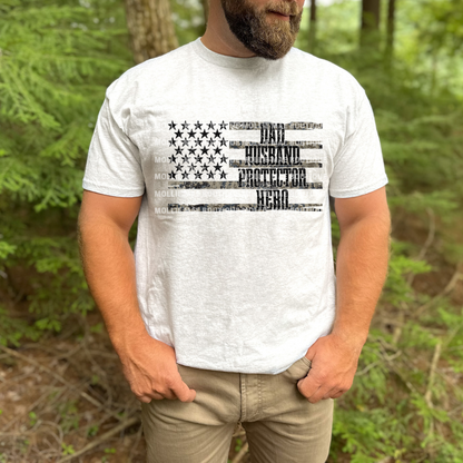 Dad Husband Protector Hero graphic t-shirt in Ash on Gildan Softstyle or Bella+Canvas, unisex fit for Father’s Day gift