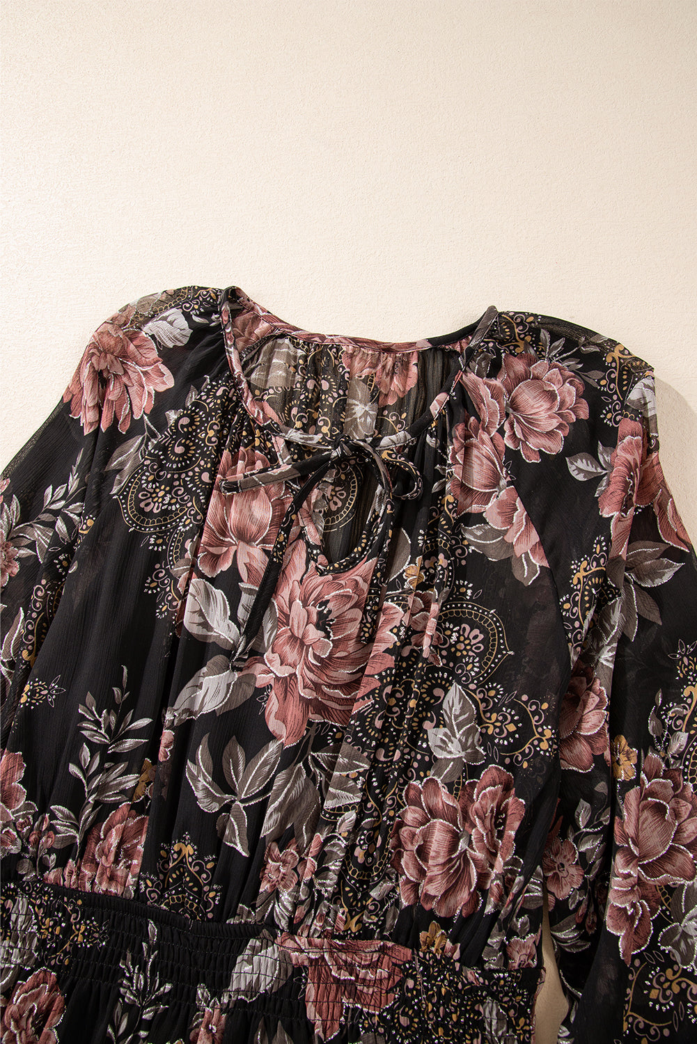Black floral puff sleeve v-neck smocked waist dress with floral print, puff sleeves, V-neckline and smocked waist, women’s boutique fashion