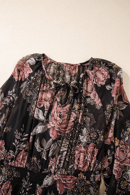 Black floral puff sleeve v-neck smocked waist dress with floral print, puff sleeves, V-neckline and smocked waist, women’s boutique fashion
