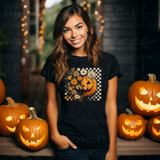 Floral Pumpkins Graphic Tee – Halloween Jack-O’-Lantern & Flowers
