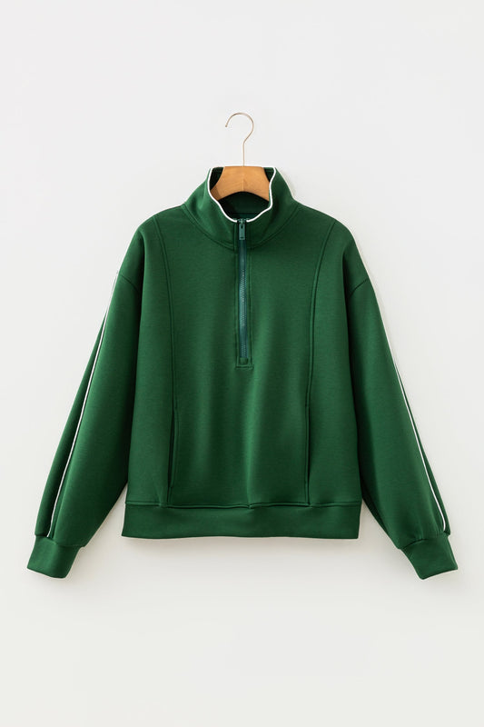 Solid Contrast Trim Zip-Up Mock Neck Sweatshirt