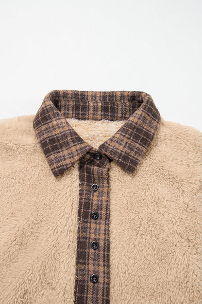 Plaid Patchwork Polo Collar Fleece Sweatshirt