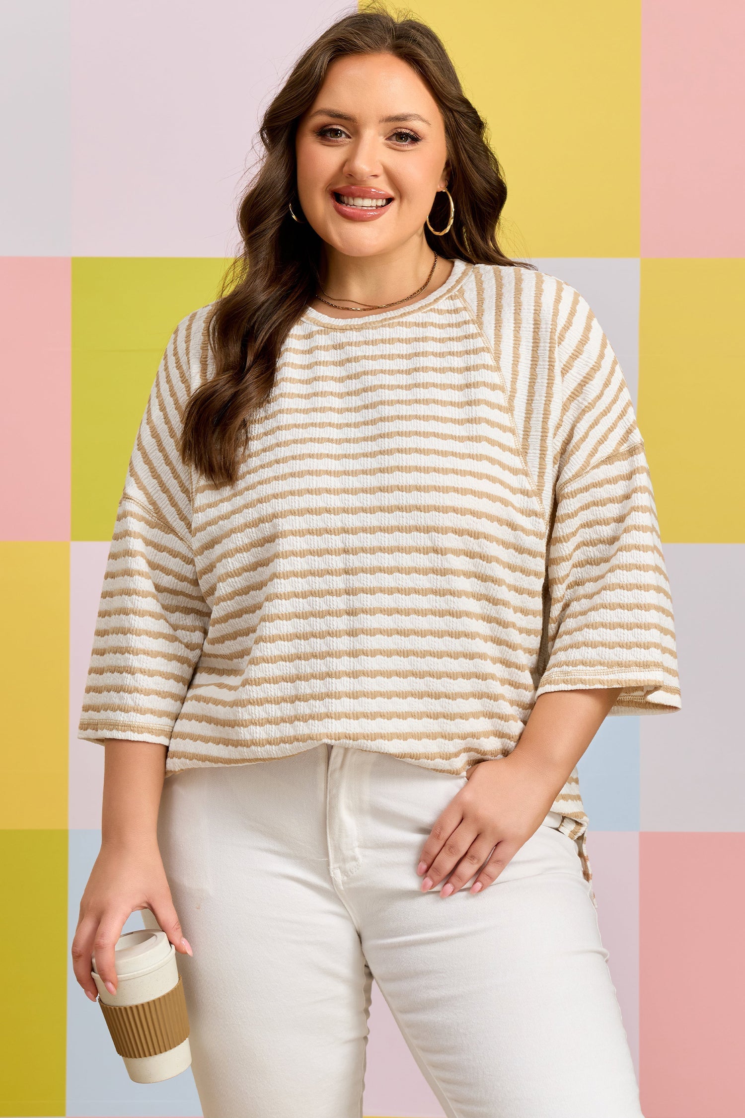 Apricot Stripe Liv Detail Half Sleeve PLUS Top boutique fashion piece with stylish details and comfortable everyday wear