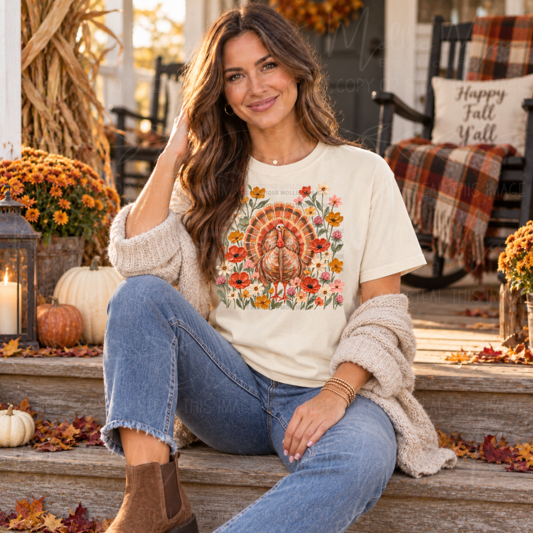 Floral Turkey Thanksgiving Graphic Tee