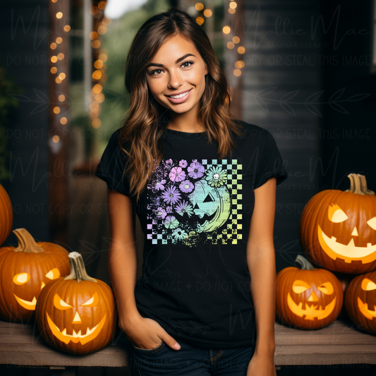 Neon Floral Pumpkins Graphic Tee – Gildan Softstyle Black Short Sleeve