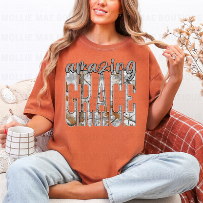 Amazing Grace Grey Camo Graphic Tee