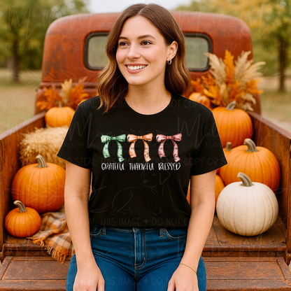 Grateful, Thankful, Blessed Coquette Bow Graphic Tee