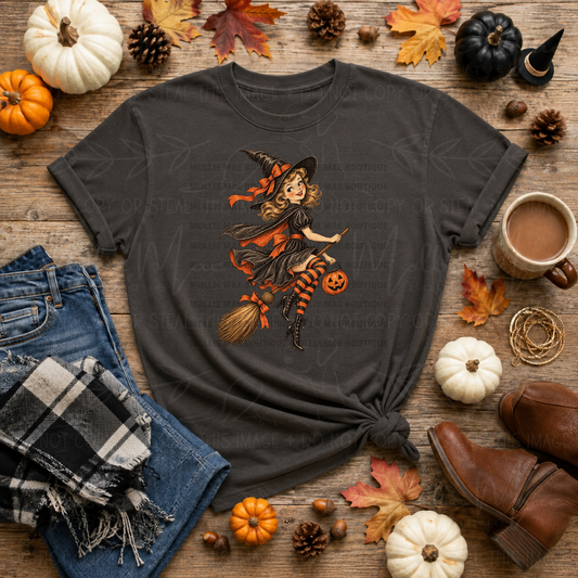 Flying Witch Vintage Halloween Graphic Tee