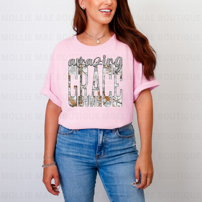 Amazing Grace Grey Camo Graphic Tee