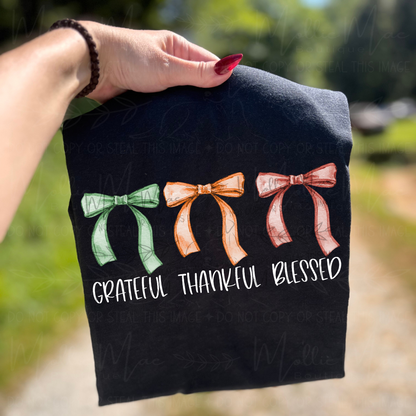 Grateful, Thankful, Blessed Coquette Bow Graphic Tee