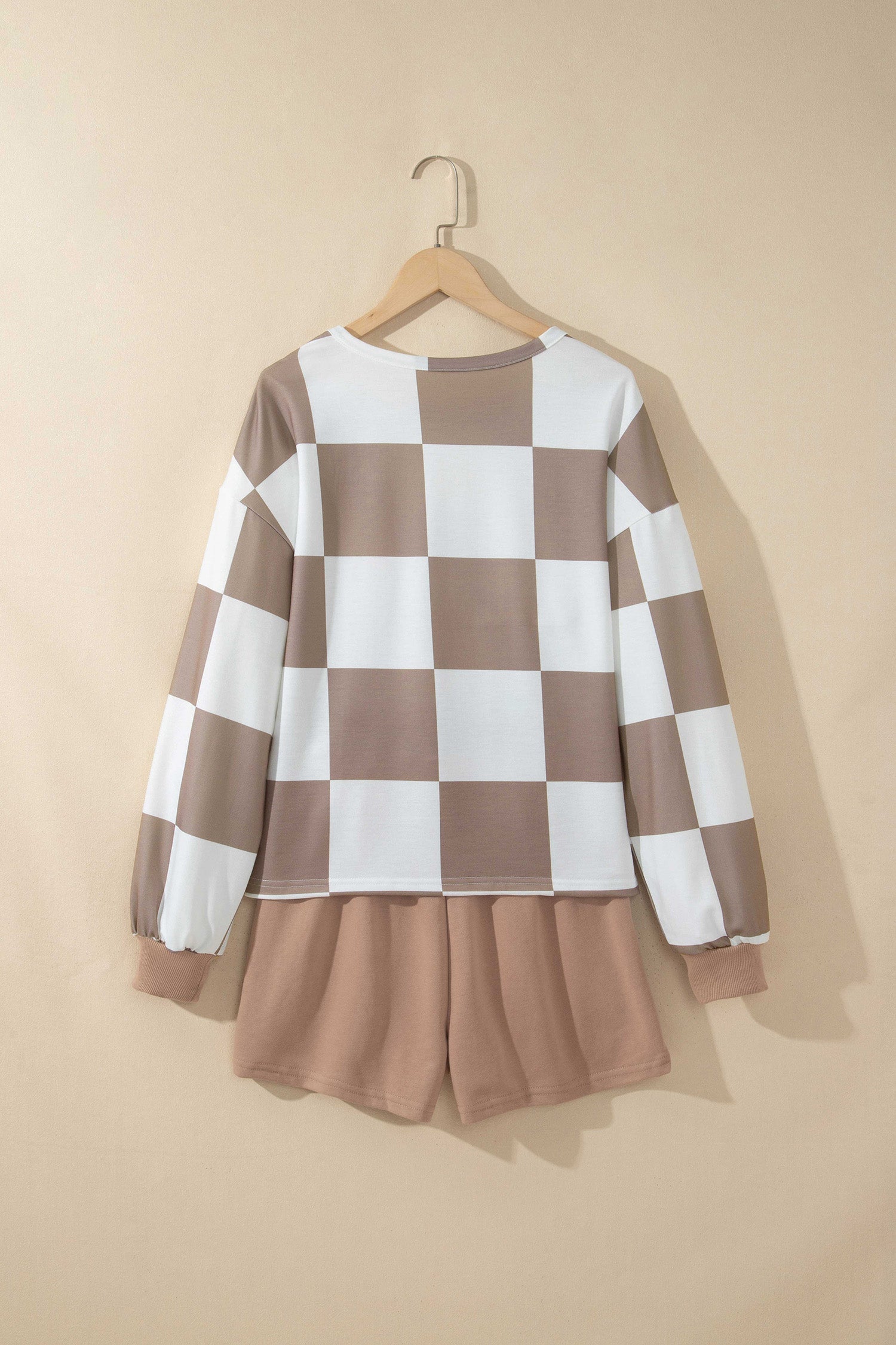 Khaki Checker Long Sleeve Top & Drawstring Shorts Set featuring boutique-style details and relaxed everyday fit