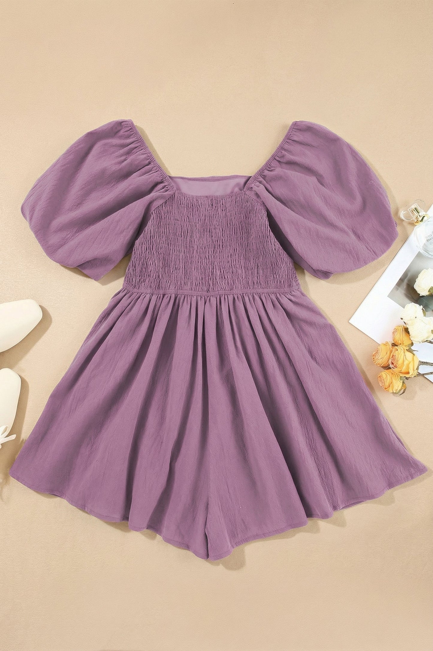Solid Square Neck Ruched Puff Sleeve Romper