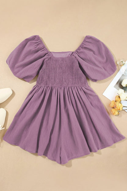 Solid Square Neck Ruched Puff Sleeve Romper