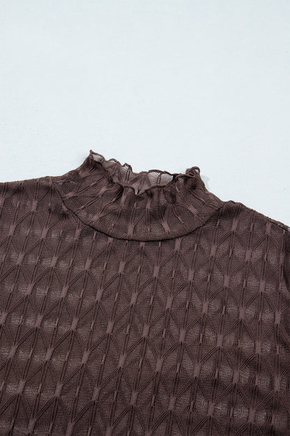 Chicory Coffee Solid Sheer Textured Lace Mock Neck Long Sleeve Top with sheer lace and mock neck women's boutique fashion