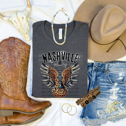 Leopard Guitar with Wings Nashville Tshirt