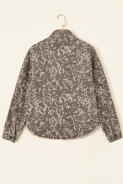 Khaki Abstract Denim Raw Hem Buttoned Collar Jacket with raw hem women's boutique fashion