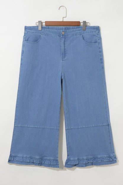 Light blue plus size wide leg jeans with ruffle hem and relaxed fit, women’s boutique denim style