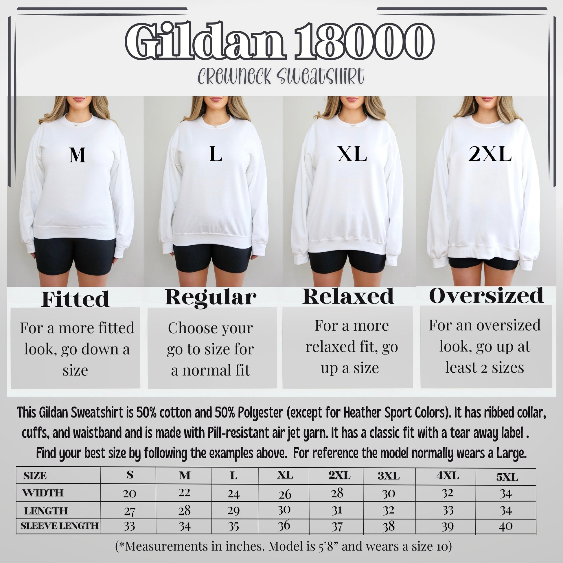 Gildan 18000 sweatshirt size chart with models wearing different fits.