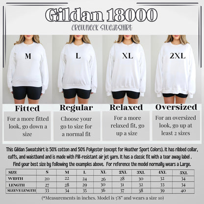 Gildan 18000 sweatshirt size chart with models wearing different fits.