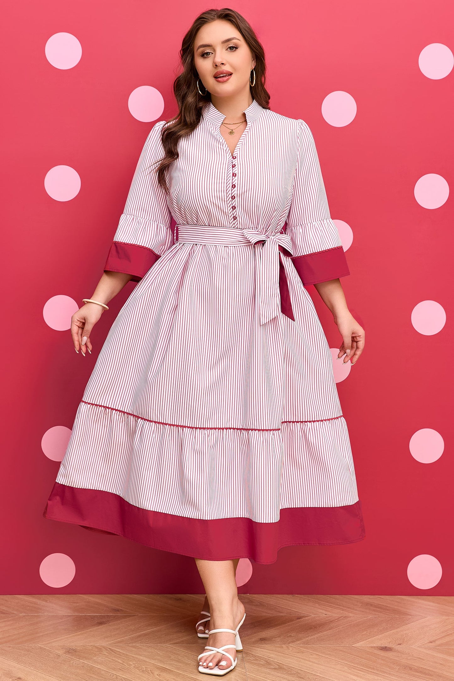 Charlee Hem Pinstriped Midi PLUS Dress boutique clothing from Mollie Mae Boutique