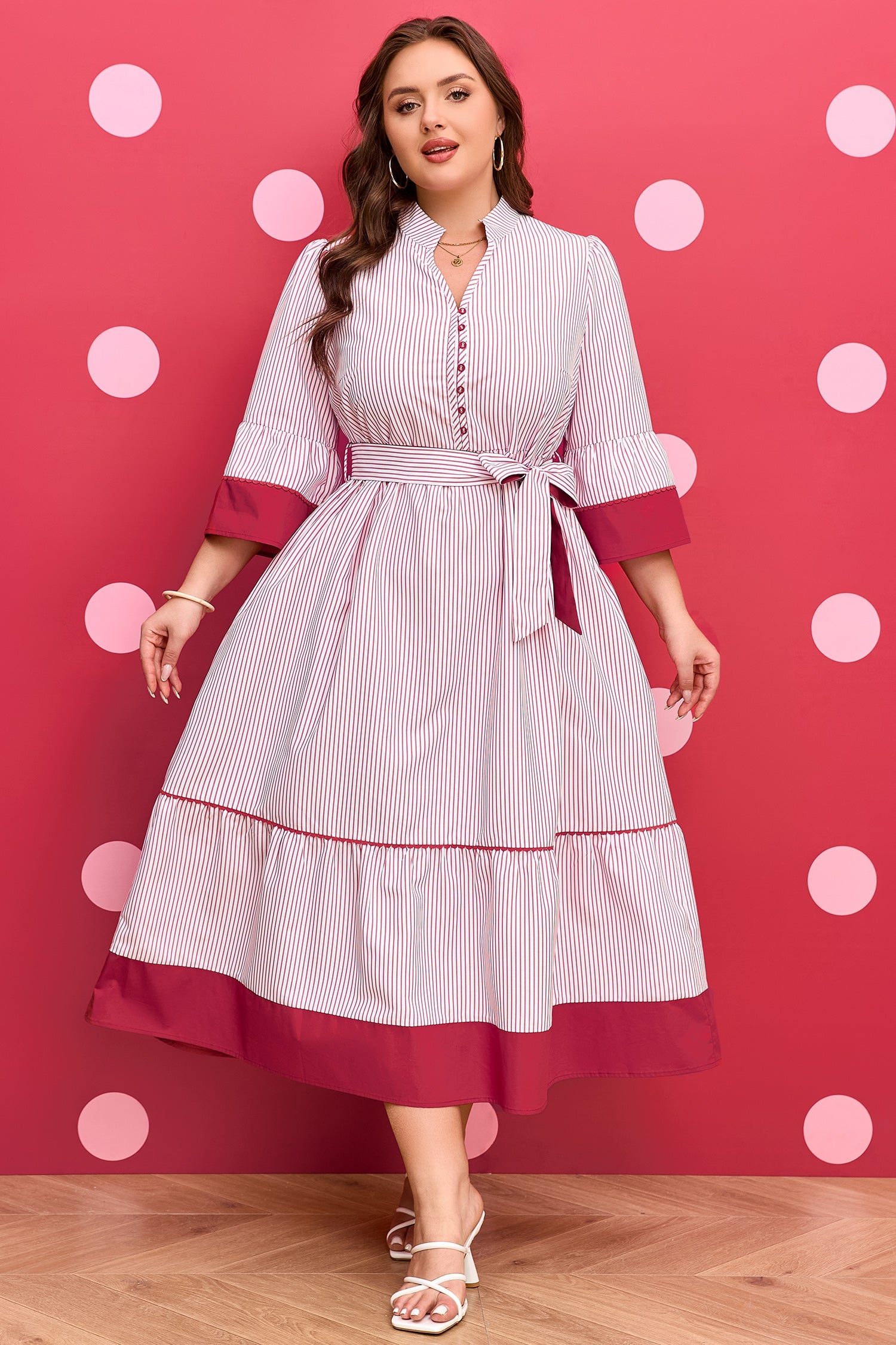 Charlee Hem Pinstriped Midi PLUS Dress boutique clothing from Mollie Mae Boutique