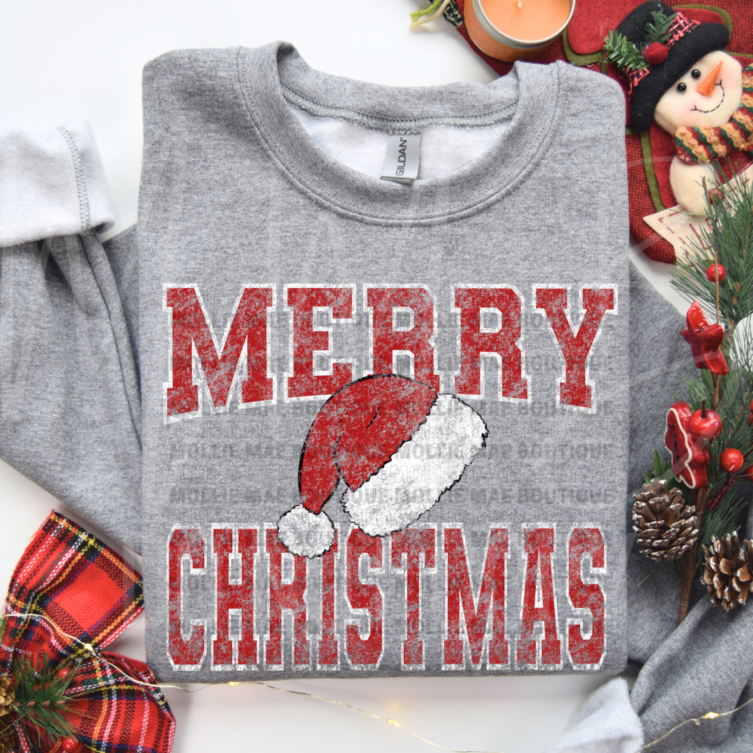Distressed Merry Christmas Santa Hat Graphic Tee or Crewneck