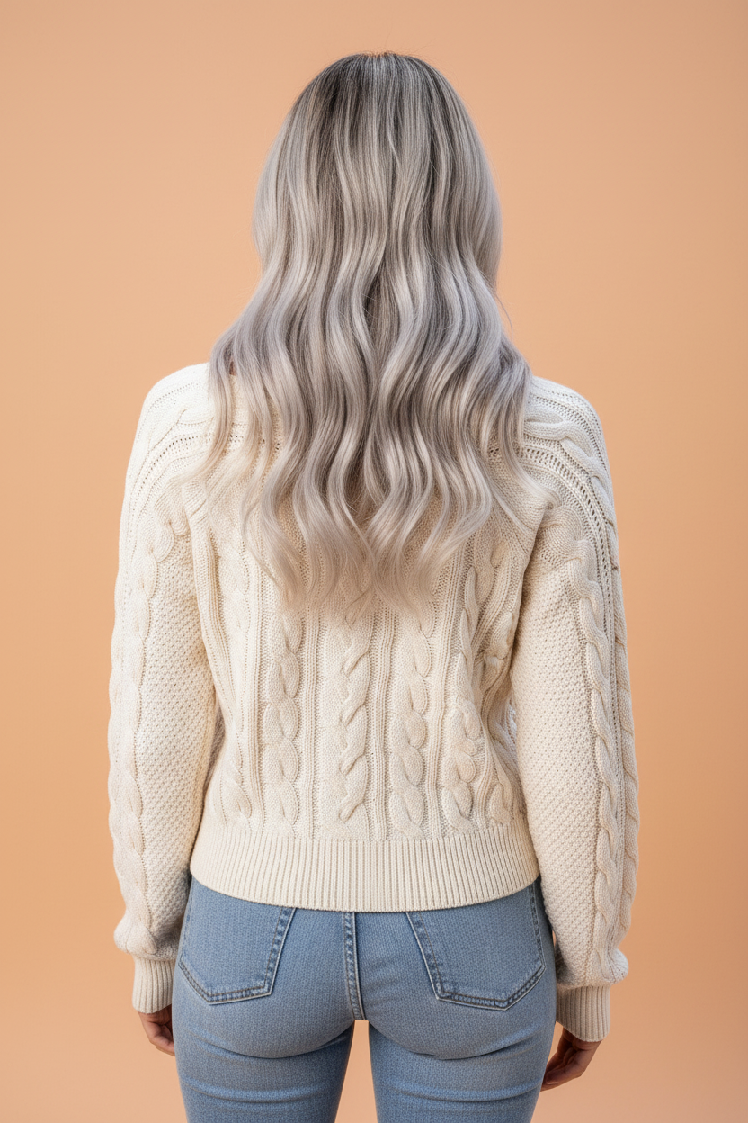 Beige cable knit round neck drop shoulder sweater with cable knit texture, round neckline and relaxed drop shoulders, women’s boutique fashion