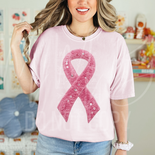 Faux Yarn Breast Cancer Awareness Graphic — Comfort Colors Blossom Tee or Gildan Light Pink Crewneck
