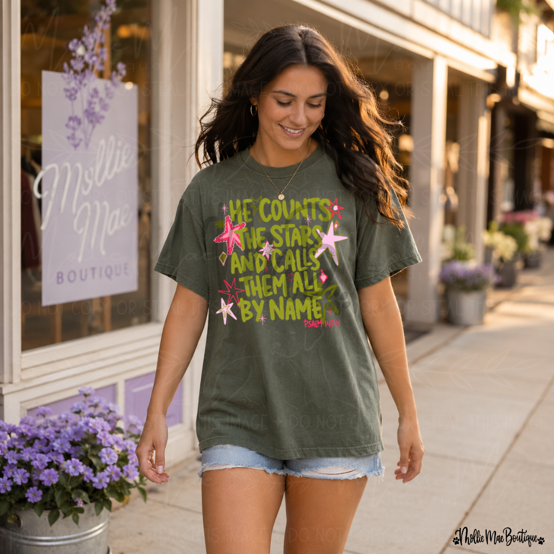 He Counts the Stars Scripture Graphic Tee