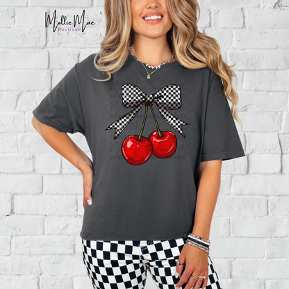 Checkered Coquette Bow and Cherries Tshirt