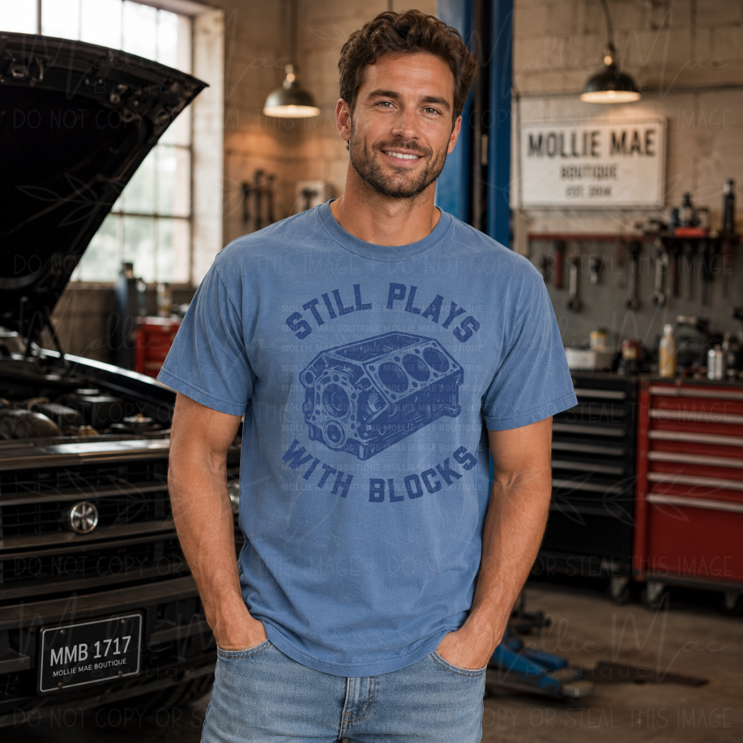 Still Plays With Blocks Graphic Tee – Comfort Colors Washed Denim