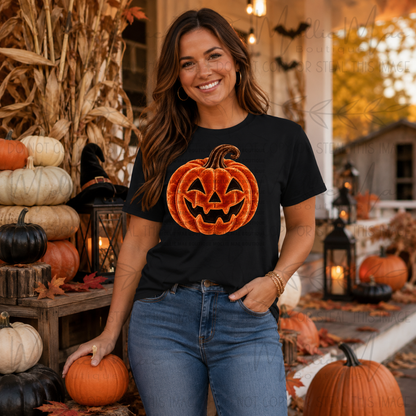 Faux Velvet Jack-O’-Lantern Pumpkin Graphic Tee