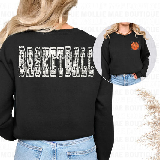 Distressed Basketball Pocket & Back Graphic Sweatshirt – Unisex Game Day Pullover