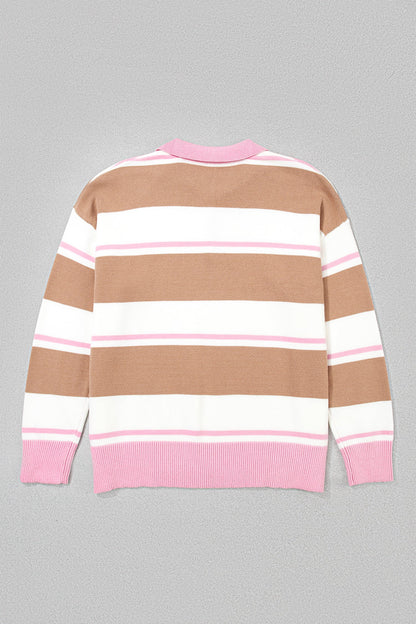 Plus size pink stripe colorblock sweater with scalloped collar and boutique styling