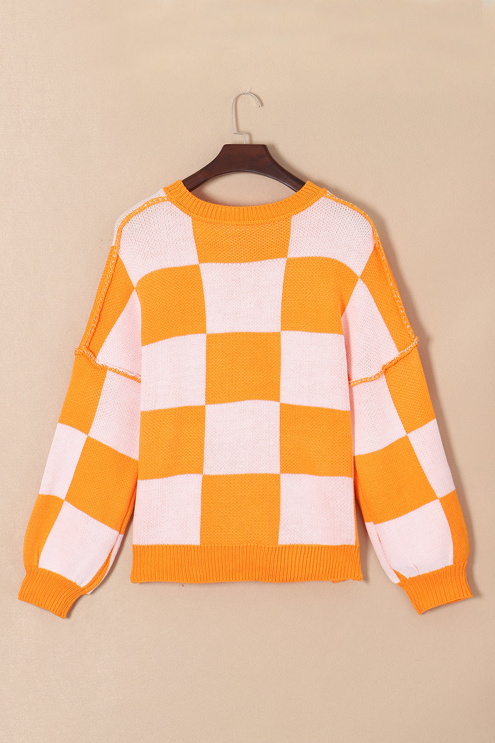 Dark Brown checkered exposed seam drop shoulder sweater with checkered knit, exposed seam details and relaxed drop shoulders, women’s boutique fashion