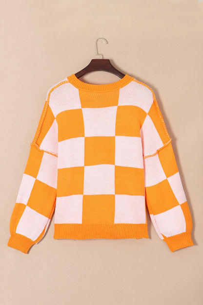 Dark Brown checkered exposed seam drop shoulder sweater with checkered knit, exposed seam details and relaxed drop shoulders, women’s boutique fashion