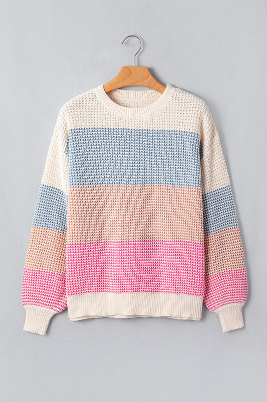 Light Blue colorblock stripe drop shoulder round neck sweater with colorblock stripes, round neckline and relaxed drop shoulders, women’s boutique fashion