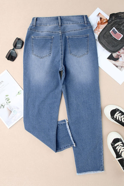 sky blue buttoned high waist raw hem skinny jeans for women