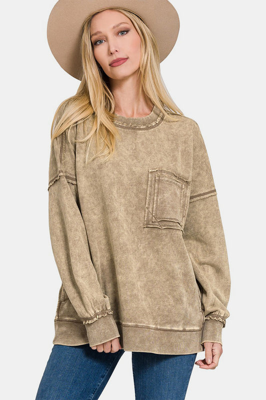 Zenana Mocha Exposed Seam Round Neck Dropped Shoulder Sweatshirt