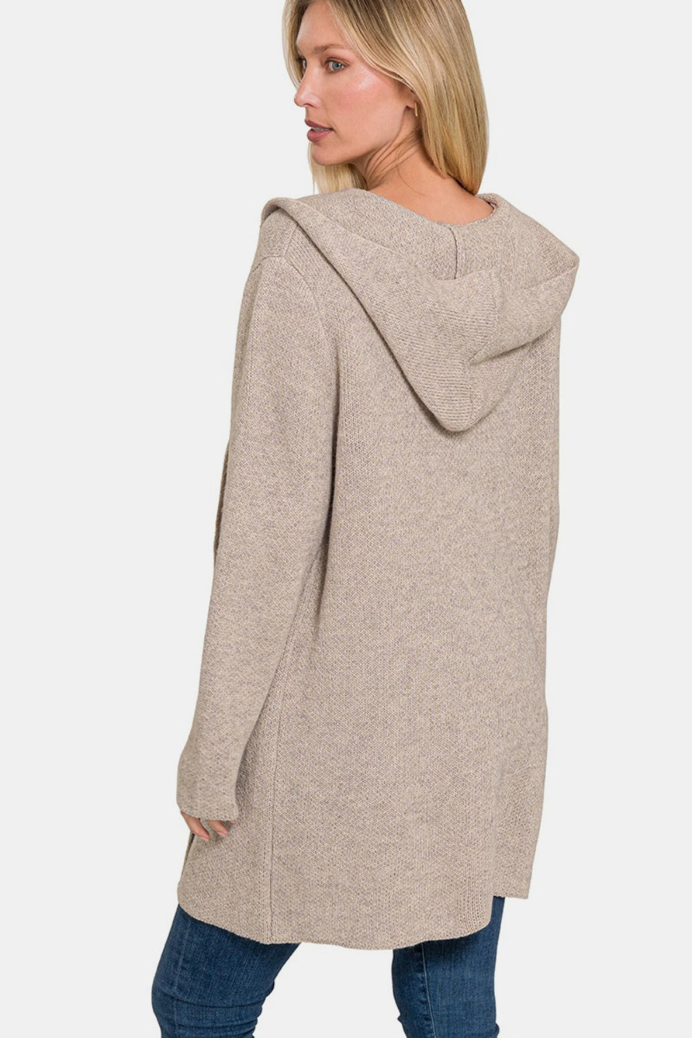 Zenana H Mocha Hooded Open Front Sweater Cardigan