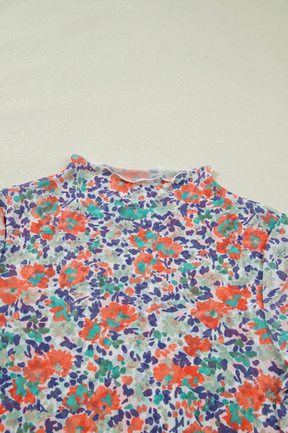 Blue Floral Mesh Long Sleeve Mock Neck Top with floral detail and mesh texture women's boutique fashion